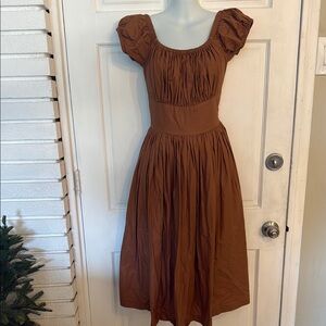 Hearts and Found Elegant Puff Sleeve Midi Dress with pockets  in Brown